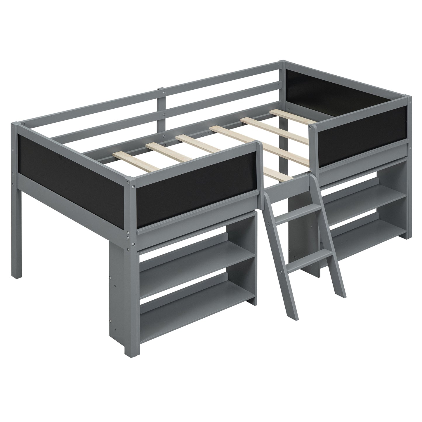 Twin Size Low Loft Bed with Creative Chalkboard Guardrails and Adjustable Storage Shelves, Gray