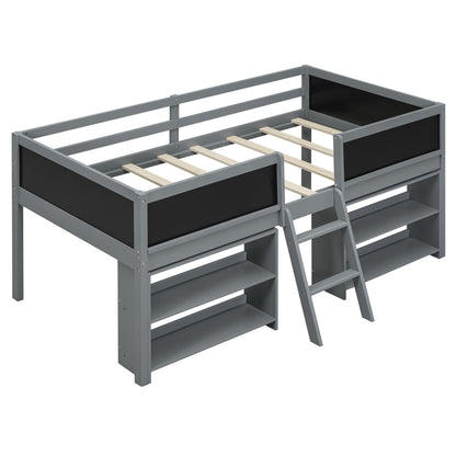 Twin Size Low Loft Bed with Creative Chalkboard Guardrails and Adjustable Storage Shelves, Gray
