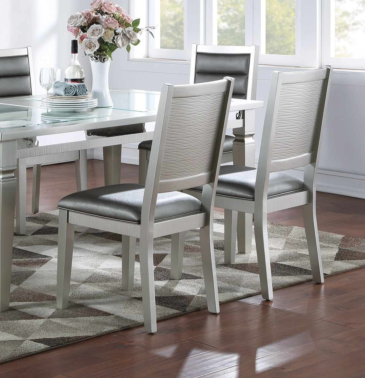 Set of 2 Faux Leather Dining Chairs, Cushioned Seats, Tufted Back, Rubberwood Frame, 18x23x39 in Silver