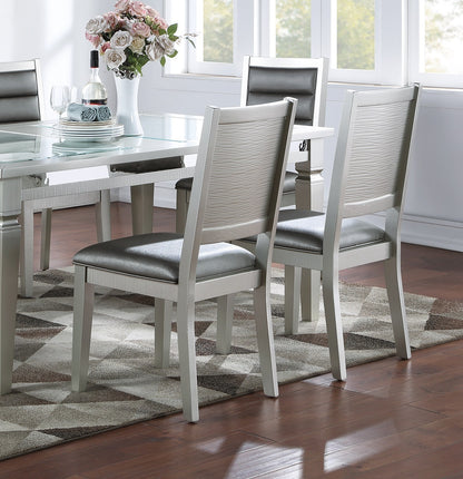 Set of 2 Faux Leather Dining Chairs, Cushioned Seats, Tufted Back, Rubberwood Frame, 18x23x39 in Silver