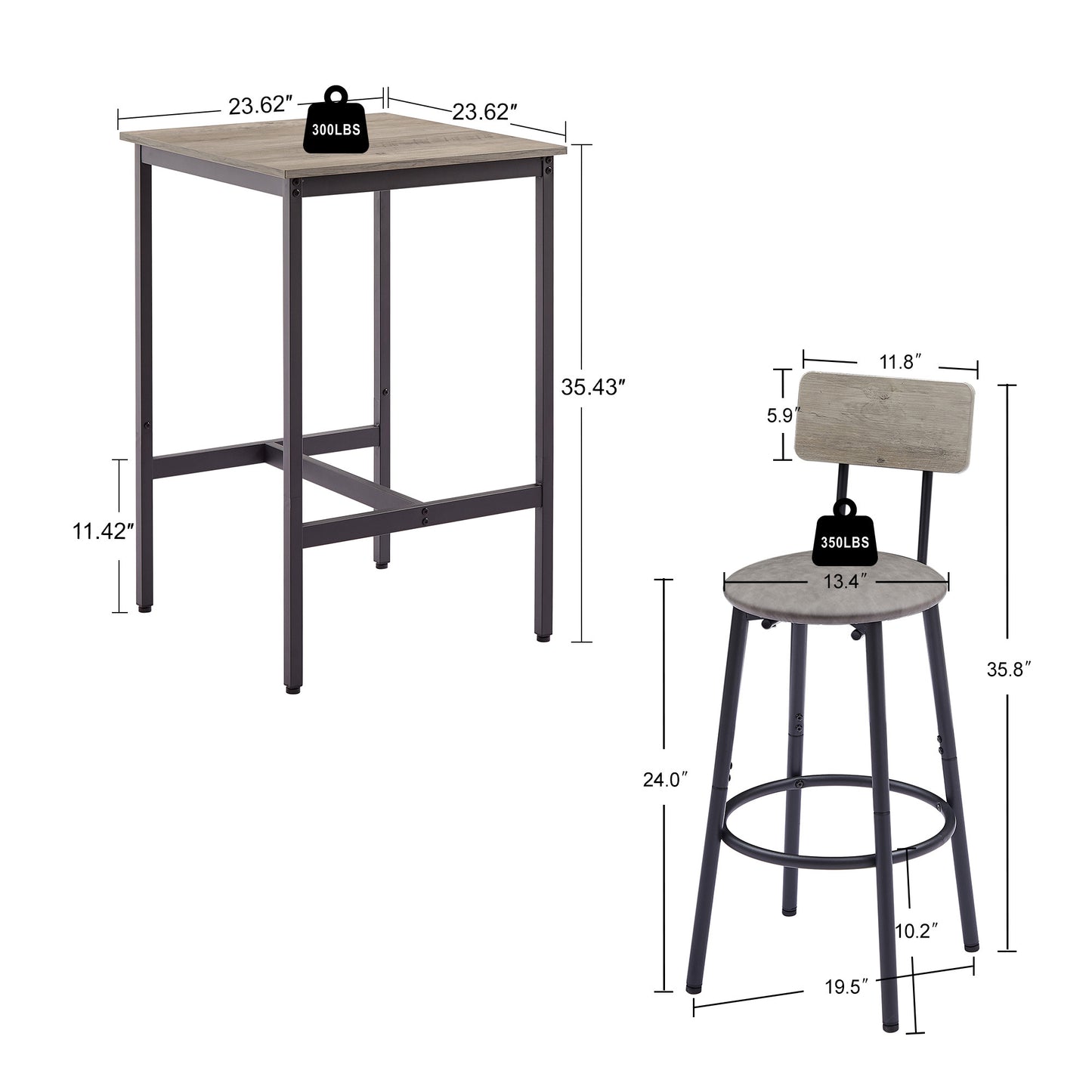 Bar Table Set with 2 Backrest Stools, Rustic PU Cushions, Space-Saving Dining for Kitchen or Bar Grey
