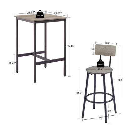 Bar Table Set with 2 Backrest Stools, Rustic PU Cushions, Space-Saving Dining for Kitchen or Bar Grey