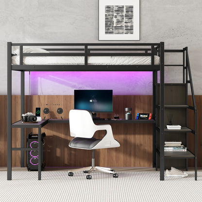 Full XL Metal Loft Bed with L-Shaped Desk, Wardrobe, USB Charging, and LED Lighting for Teens and Adults - Black