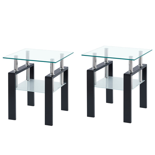 2-Piece Tempered Glass End Table Set for Living Room, 17.7in Tops, 20.5in High, Waterfall Edges - Clear