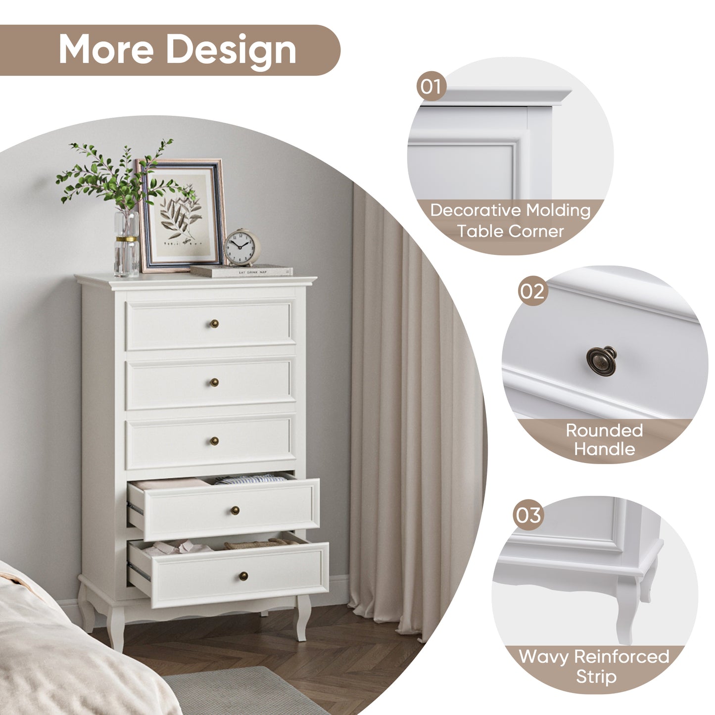 Modern 5-Drawer Dresser with Solid Wood Legs and Chic White Finish for Stylish Storage Solutions