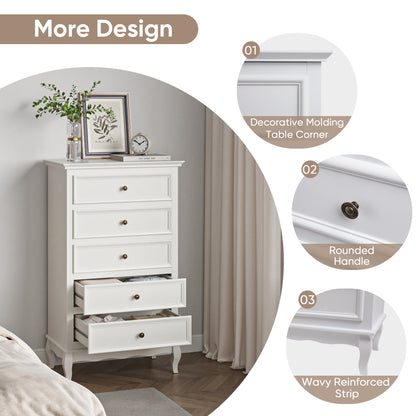 Modern 5-Drawer Dresser with Solid Wood Legs and Chic White Finish for Stylish Storage Solutions
