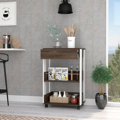 White and Dark Walnut Kitchen Cart on Wheels with Drawer