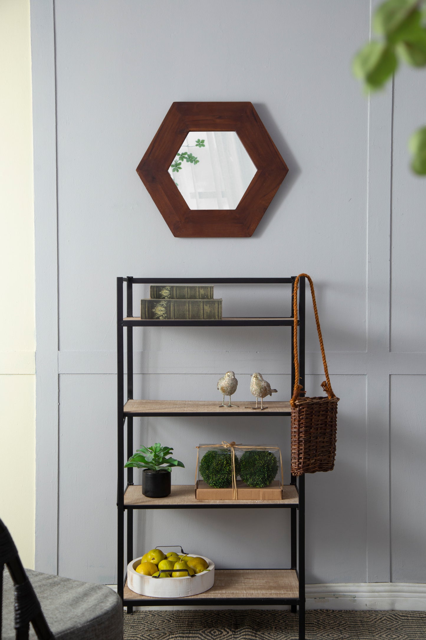 Hexagonal Teak Wood Framed Mirror - 18.5" Wall Decor for Living Room, Bathroom, or Hallway in Dark Brown