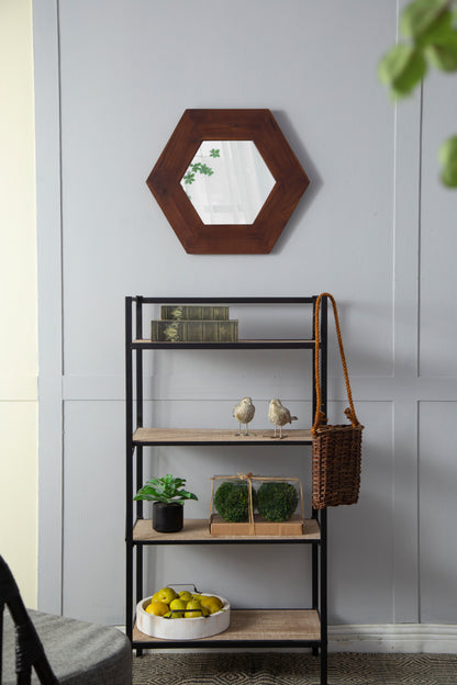 Hexagonal Teak Wood Framed Mirror - 18.5" Wall Decor for Living Room, Bathroom, or Hallway in Dark Brown