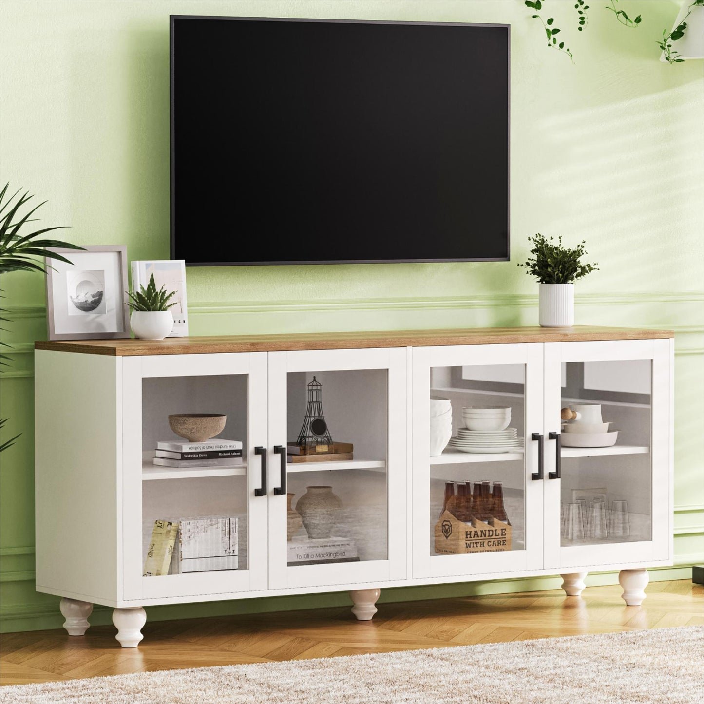 ON-TREND Farmhouse TV Stand with Tempered Glass Doors for TVs Up to 70", Versatile Sideboard with Adjustable Shelves, Elegant Buffet Cabinet with 5 Solid Wood Gourd-Shaped Legs for Living Room, White