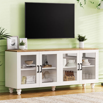 ON-TREND Farmhouse TV Stand with Tempered Glass Doors for TVs Up to 70", Versatile Sideboard with Adjustable Shelves, Elegant Buffet Cabinet with 5 Solid Wood Gourd-Shaped Legs for Living Room, White