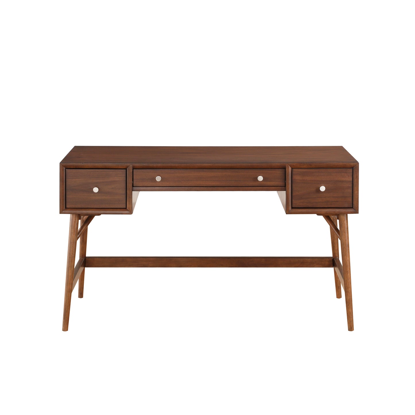 Mid-Century Modern Walnut Veneer Writing Desk with Storage Drawers and Nickel Knob Accents