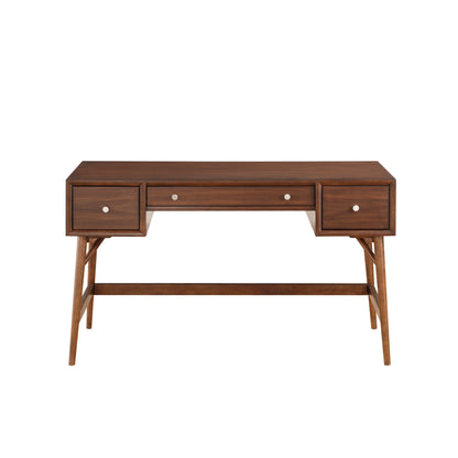 Mid-Century Modern Walnut Veneer Writing Desk with Storage Drawers and Nickel Knob Accents