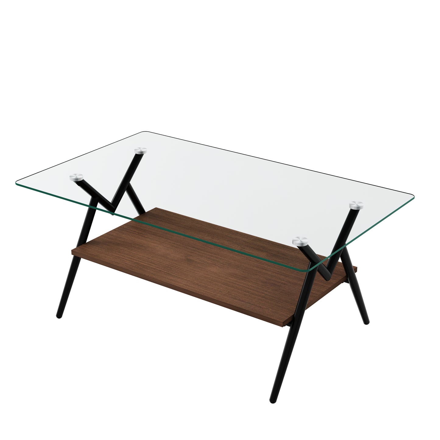 Rectangular Coffee Table with Tempered Glass Top and Black Metal Legs, 38in L x 23in W Transparent Glass