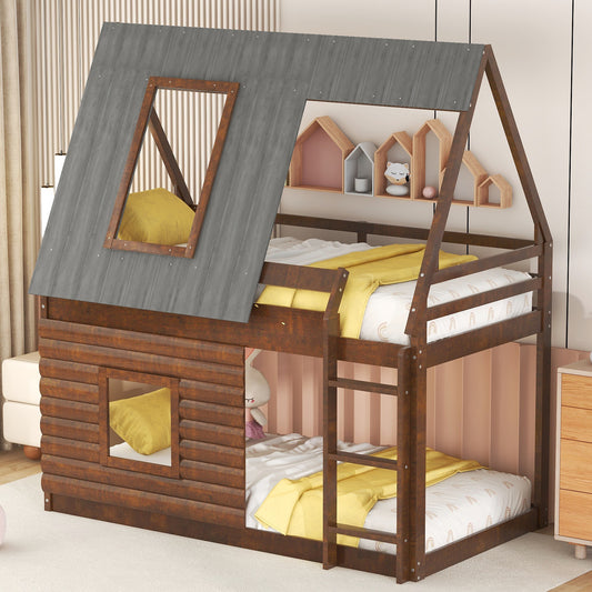 Charming Oak & Smoky Grey Twin Size House Bunk Bed with Roof, Ladder, and Two Windows