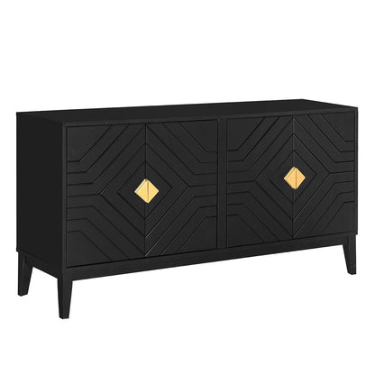 4-Door Sideboard Storage Cabinet for Living Room and Dining Room, Two Large Cabinets with Gold Handles and Adjustable Shelf, Black