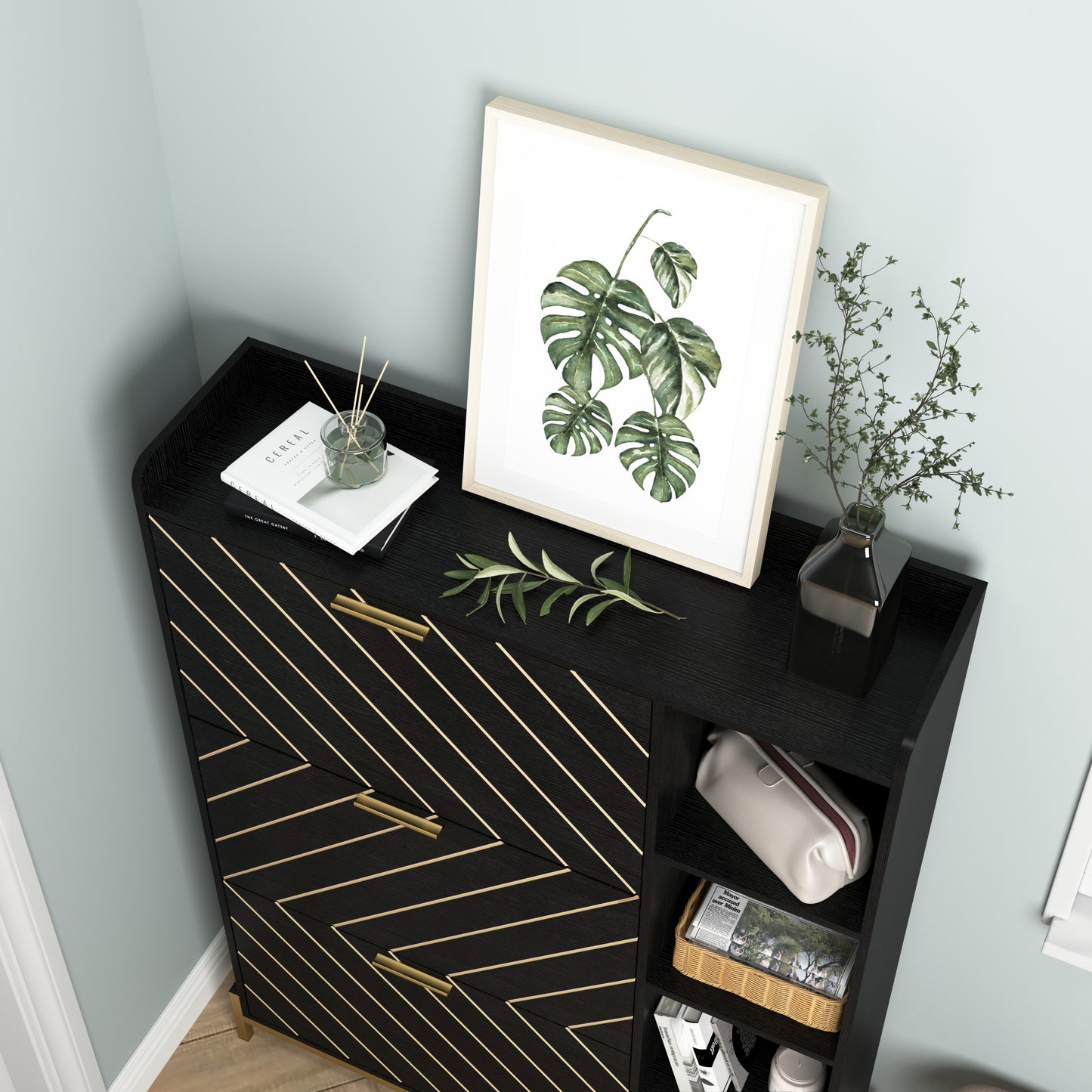 Slim Modern Shoe Storage Cabinet with 3 Flip Drawers and Open Shelves - Rustic Design Freestanding Organizer for Heels, Boots, and Slippers