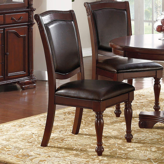 Formal Dining Side Chairs, Set of 2, Rubberwood with Wood Veneer, PU Upholstered Seats, Carved Dark Brown