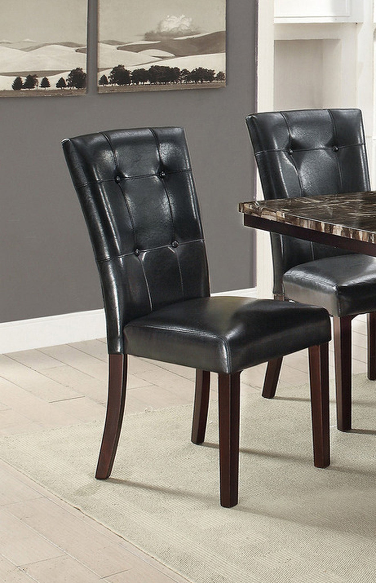 Set of 2 Parson Dining Chairs, Faux Leather, Tufted Back, Birch Wood & MDF, 19 x 24 x 39 in, Black