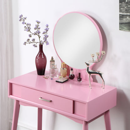 Contemporary Wood Vanity and Stool Set with Storage Drawers, Makeup Table for Bedroom, 2-Piece Pink