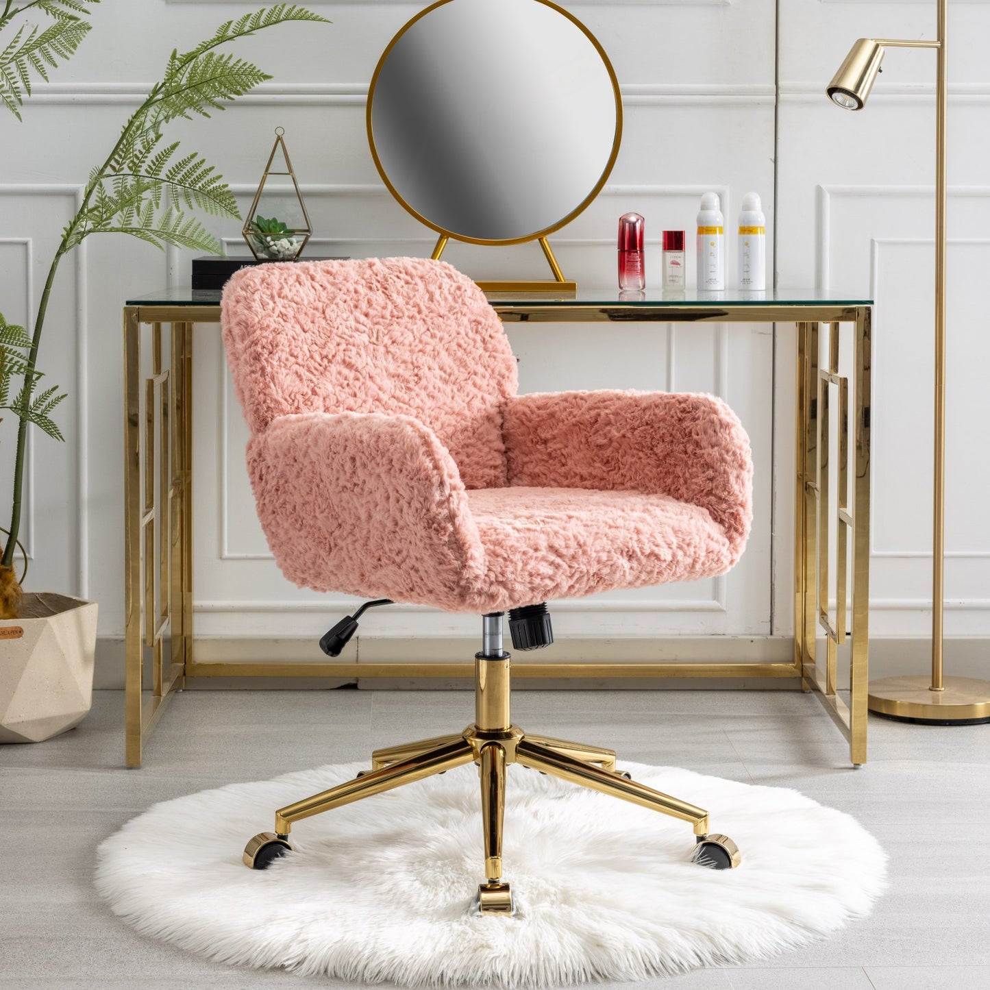 Elegant Pink Upholstered Office Chair with Golden Base - Adjustable Swivel Vanity Chair with Rabbit Fur Cushion