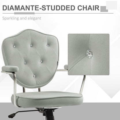Chic Gray Velvet-Feel Swivel Office Chair with Rhinestone Accents and Adjustable Height