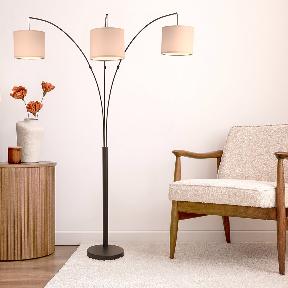 3-Arm Metal Arc Floor Lamp with Linen Shade, 73-Inch Reach, 4-Way Rotary Switch, Oil-Rubbed Bronze