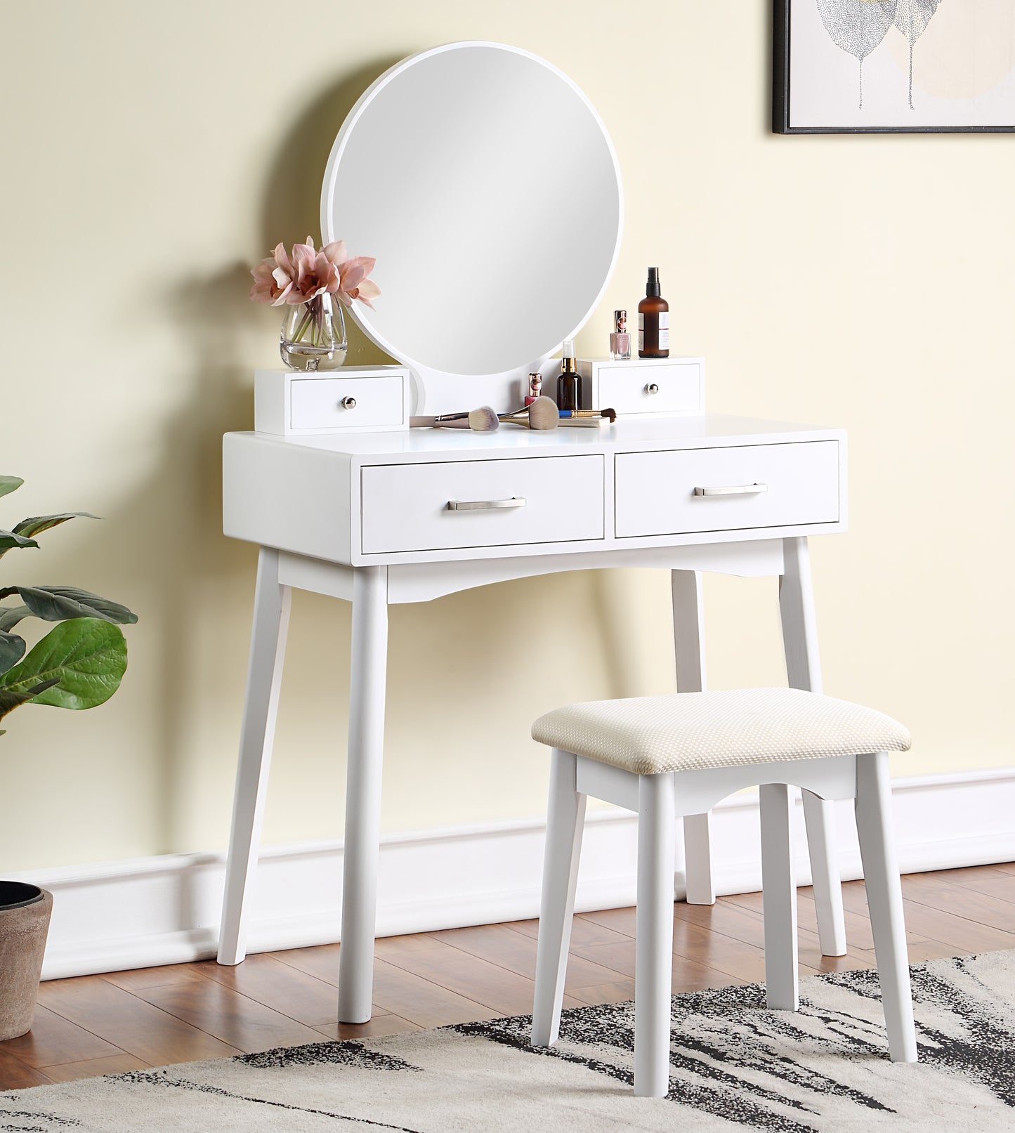 Contemporary Wood Vanity and Stool Set for Bedroom or Dressing Area with Drawer Storage, Modern Style, White