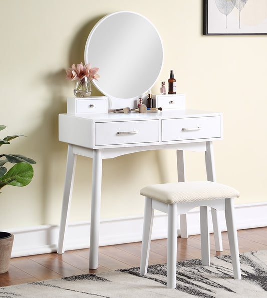 Contemporary Wood Vanity and Stool Set for Bedroom or Dressing Area with Drawer Storage, Modern Style, White