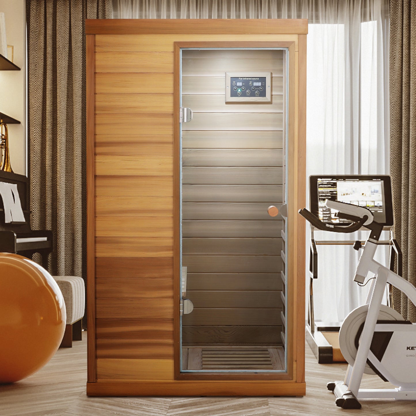 One-Person Indoor Far Infrared Sauna with Glass Door, Right Entry, 6 Heating Panels Caramel
