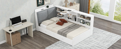 Elegant White Twin Size Platform Bed with Storage Headboard, Shelves, and Drawers