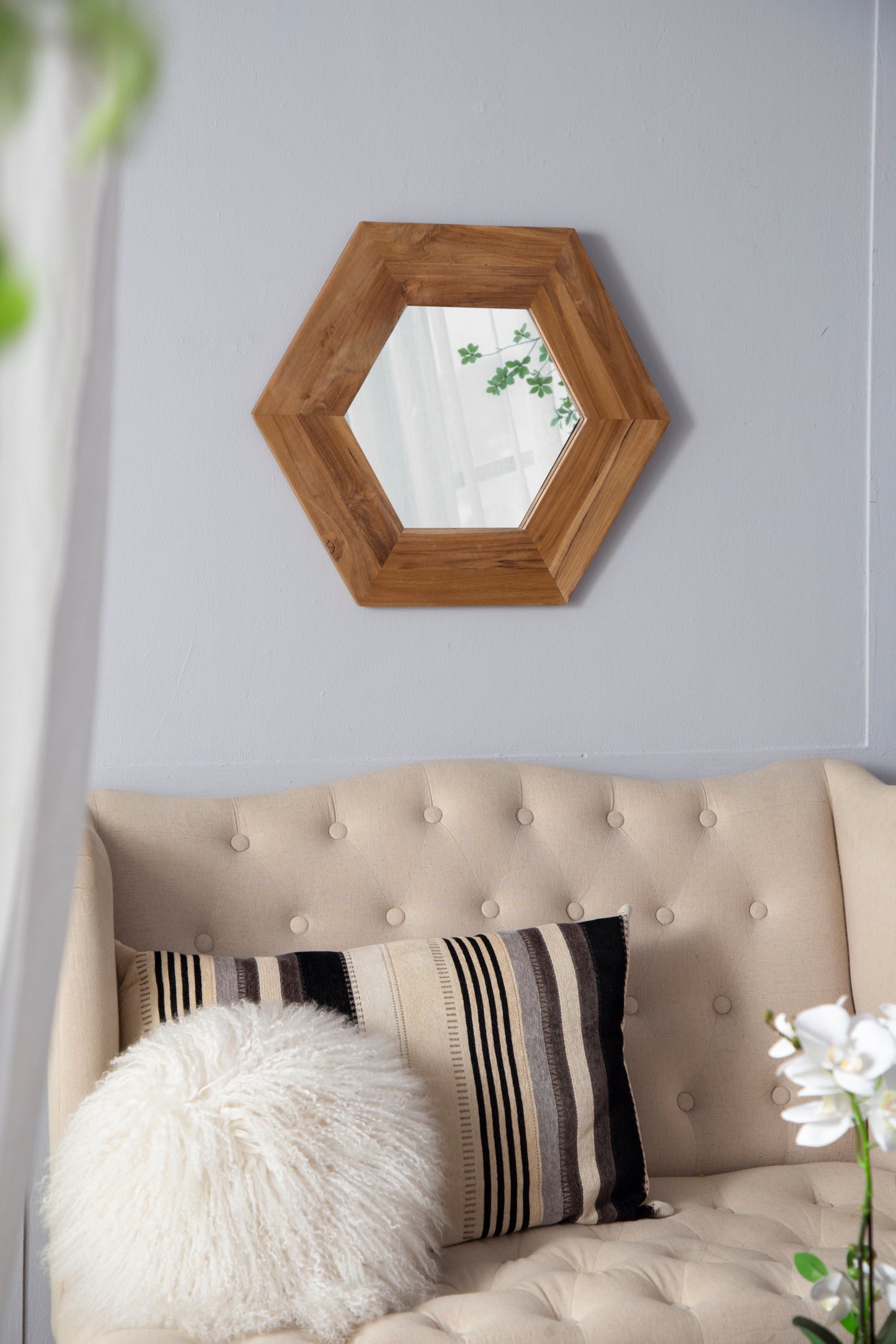 Hexagonal Teak Wood Framed Mirror - 18.5” Wall Decor for Living Room, Bathroom, or Hallway
