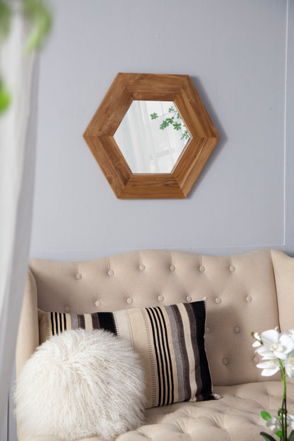 Hexagonal Teak Wood Framed Mirror - 18.5” Wall Decor for Living Room, Bathroom, or Hallway