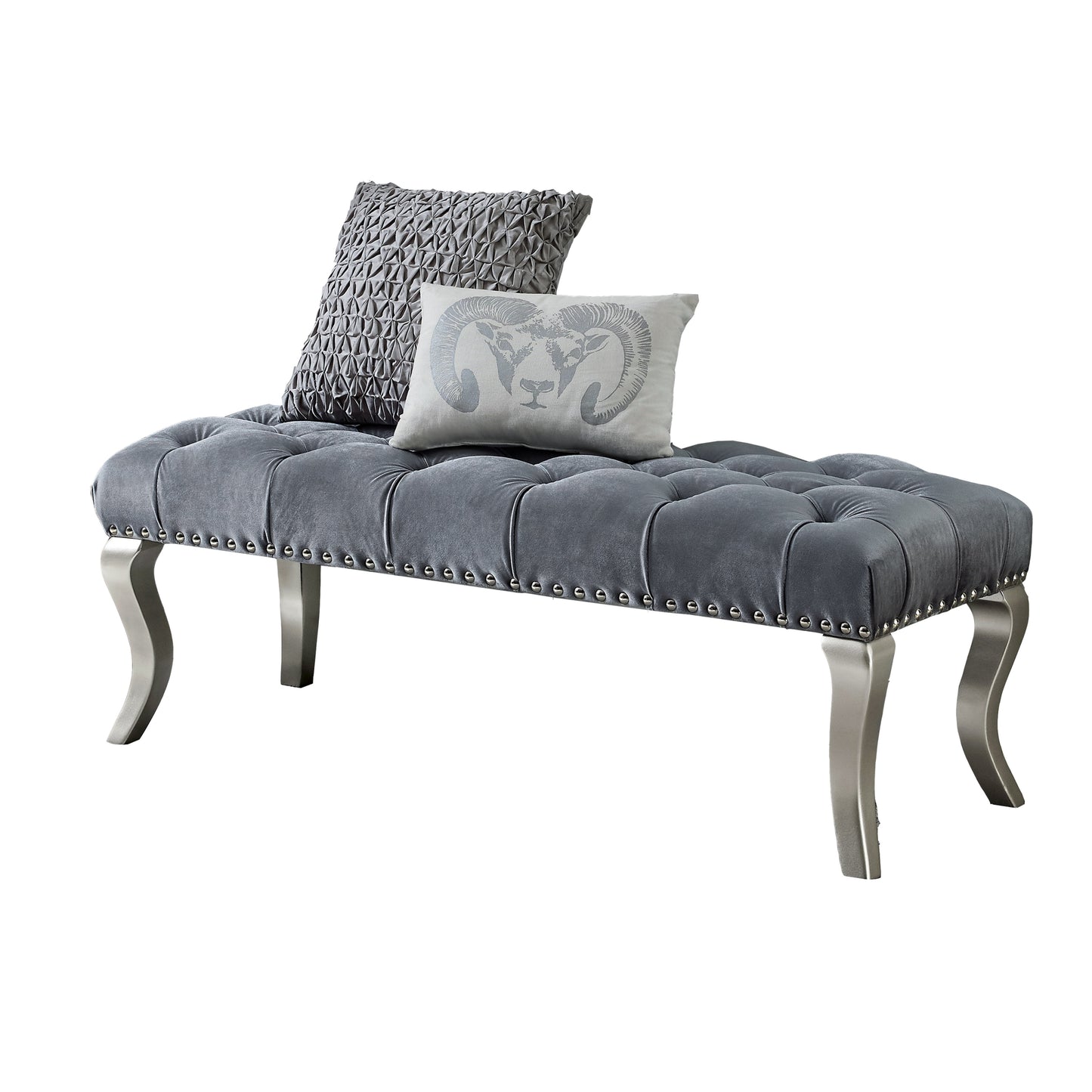 Tufted Upholstered Bench with Nailhead Trim, Velvet, 48W x 18D x 18H, Champagne Wood Legs, Gray