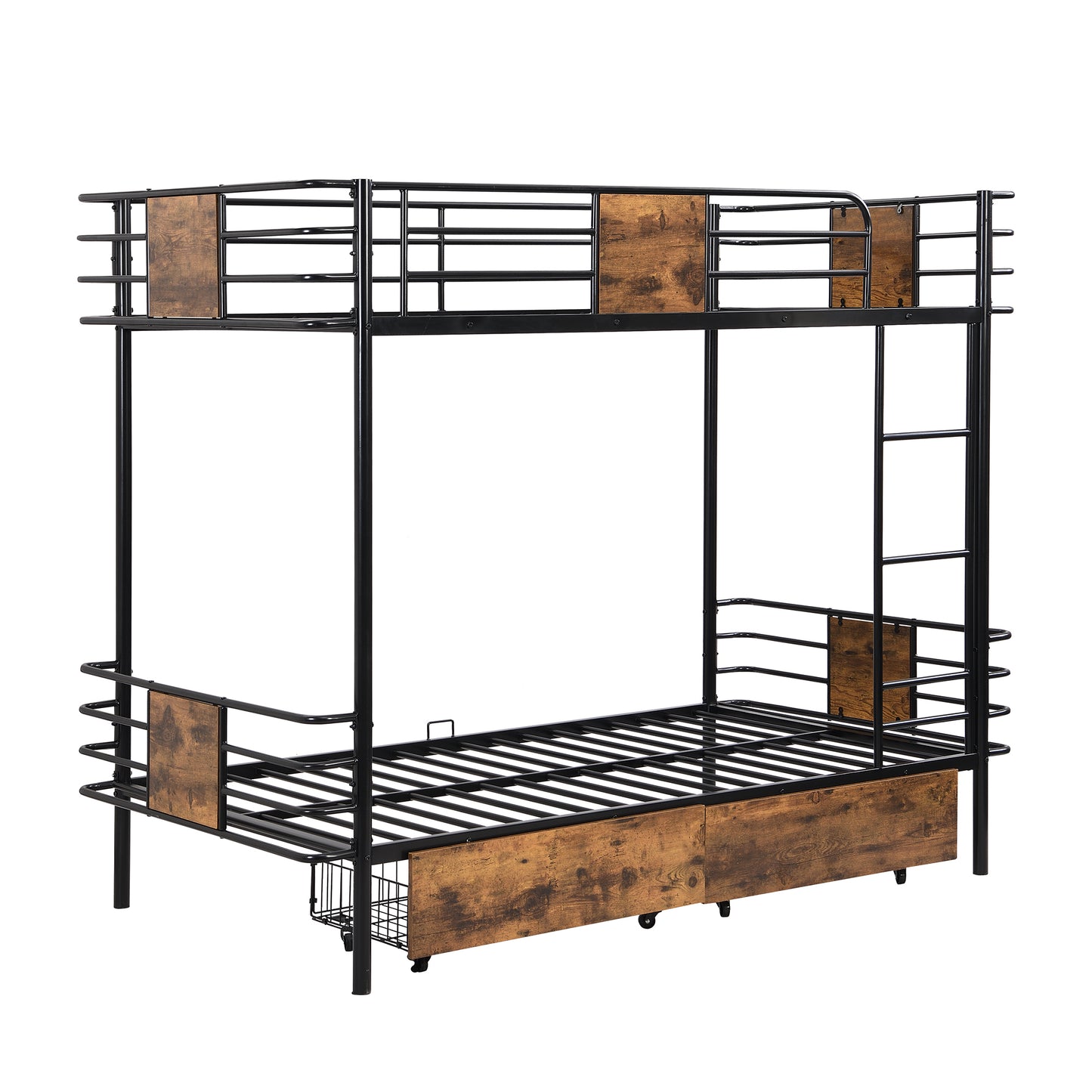 Twin XL Metal Bunk Bed with MDF Guardrails and Storage Drawers in Black