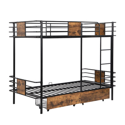 Twin XL Metal Bunk Bed with MDF Guardrails and Storage Drawers in Black