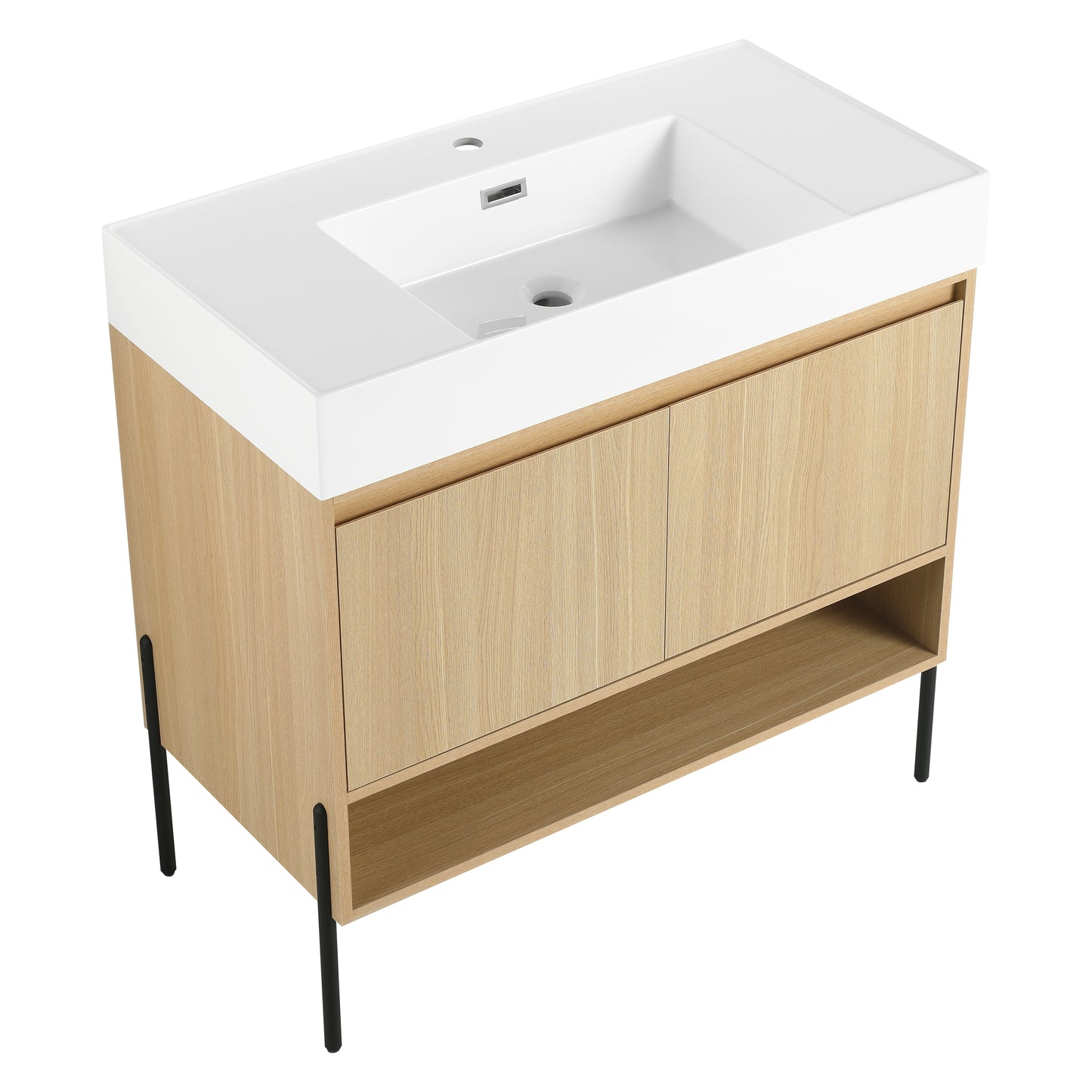 36" Modern Oak Bathroom Vanity Set with Easy-Clean Resin Sink and Multi-Layer Solid Wood Cabinet