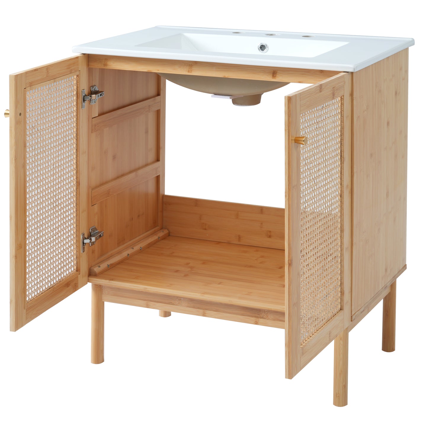 Elegant 30-Inch Natural Bamboo Bathroom Vanity with Artisanal Rattan Doors and Soft-Close Mechanism