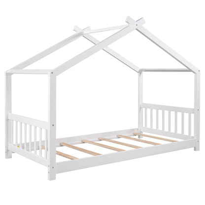 Whimsical Twin House Bed with Roof, Headboard & Footboard - White