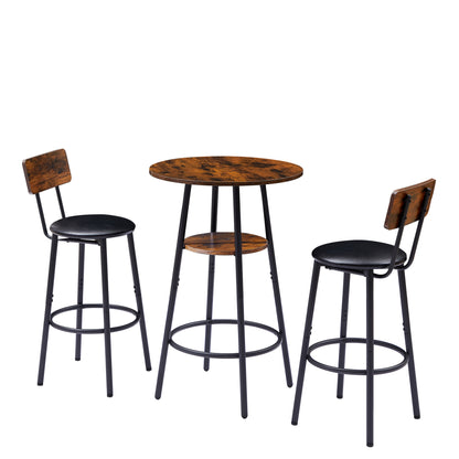 Round Bar Stool Set with Built-In Shelf, Upholstered Seat and Backrest for Kitchen Bar, Rustic Brown