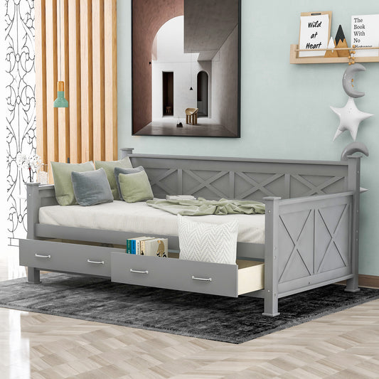 Elegant Twin Size Daybed with Spacious Drawers, X-Frame Design, Modern Rustic Appeal in Gray