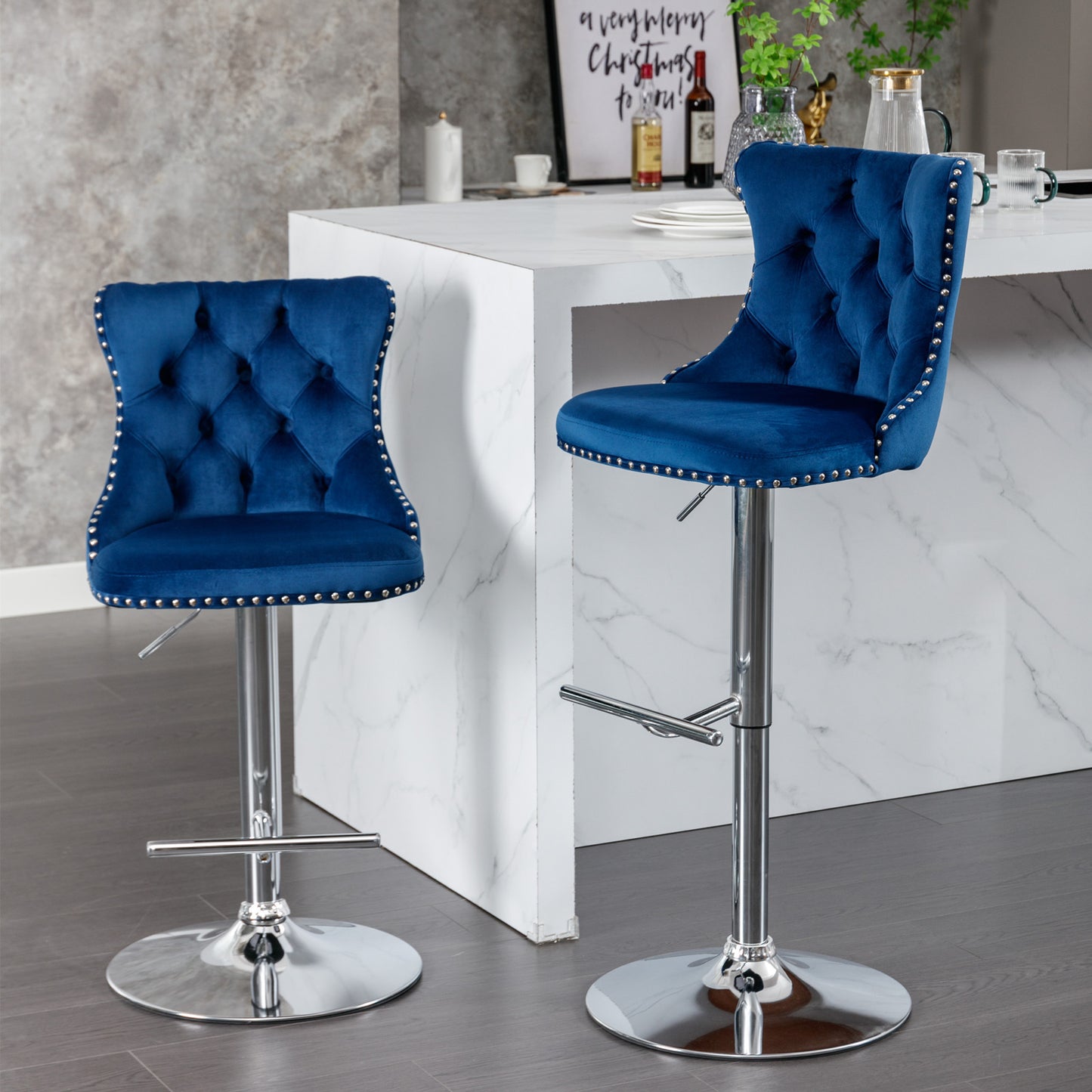 AA Furniture Swivel Velvet Barstools Adjustable 25-33 Blue