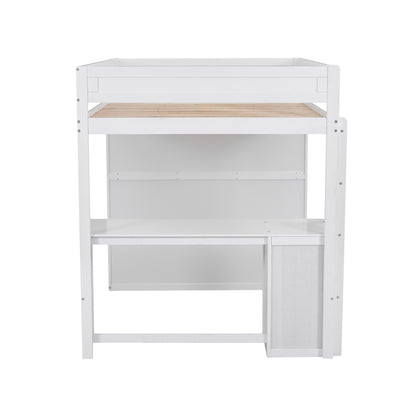 Space-Saving White Wood Loft Bed with Integrated Wardrobes and 2-Drawer Desk