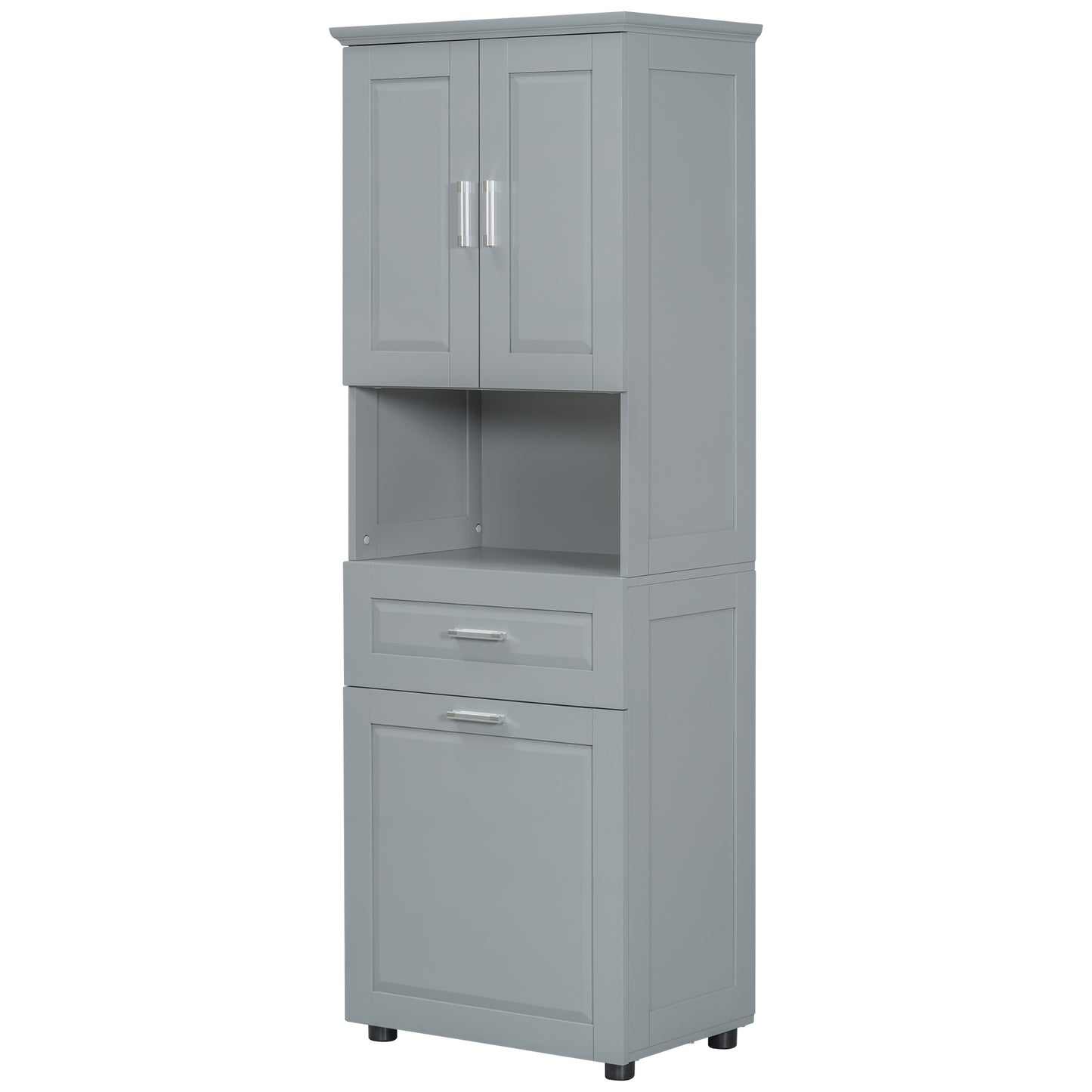 Tall Grey Storage Cabinet with Removable Laundry Hamper, Multi-Functional Upper Shelves and Cabinet Doors