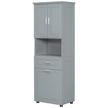 Tall Grey Storage Cabinet with Removable Laundry Hamper, Multi-Functional Upper Shelves and Cabinet Doors