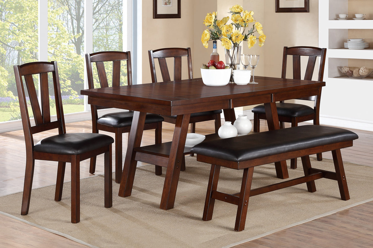 Set of 2 Dining Chairs, Solid Wood Rubberwood, Faux Leather Cushions, V-Back, 18x21x39 Dark Walnut