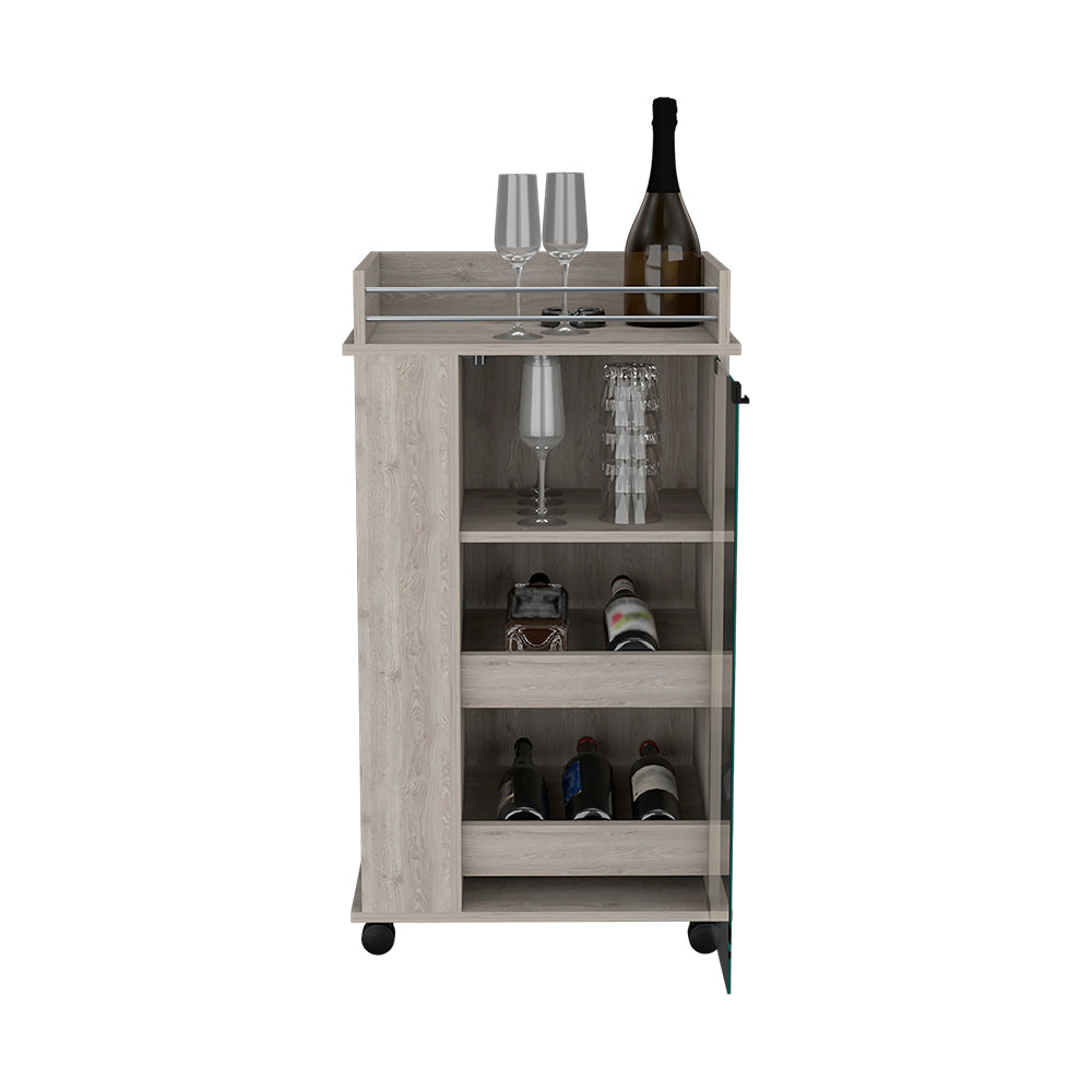 Light Gray Bar Cart With Glass Door And Dual Shelves