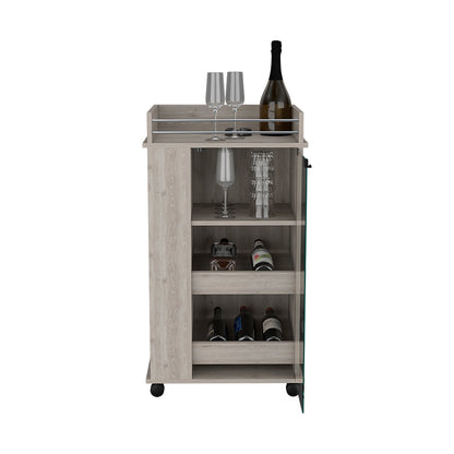 Light Gray Bar Cart With Glass Door And Dual Shelves
