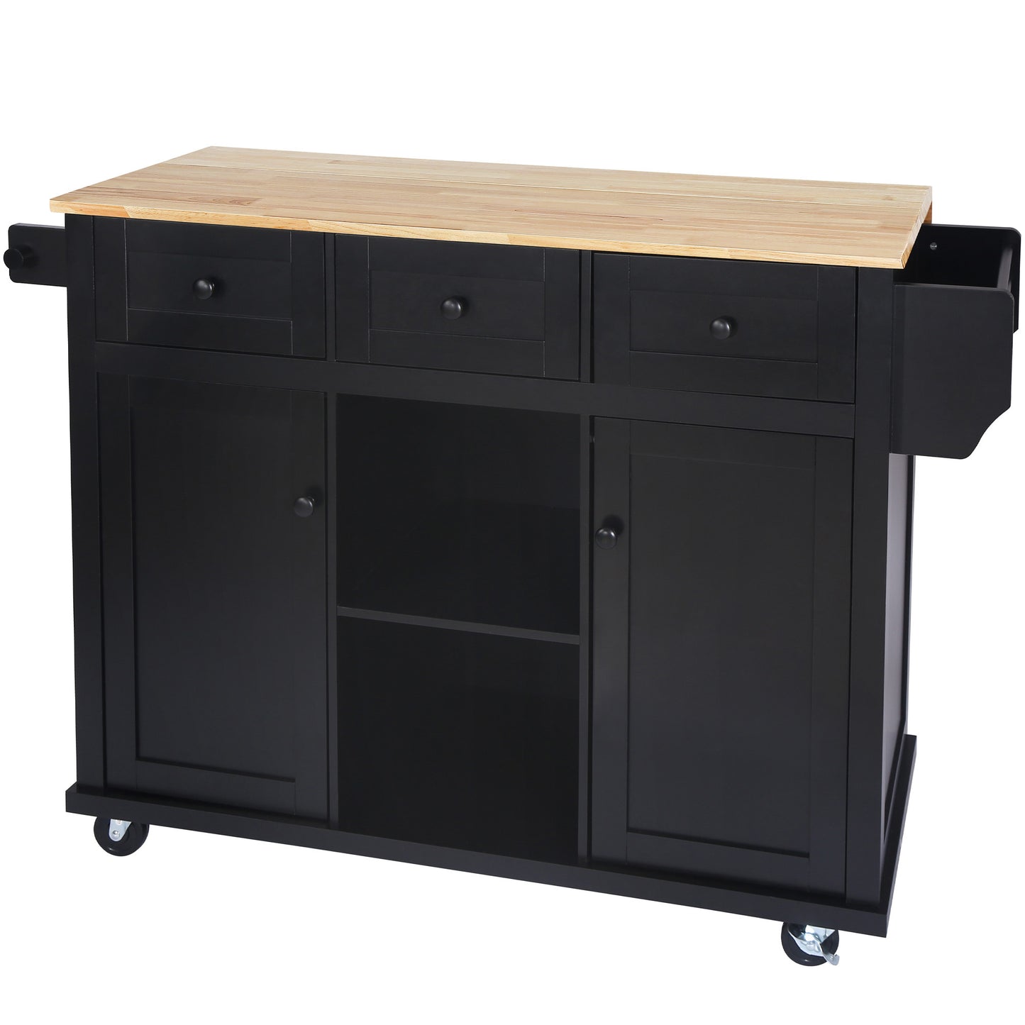Black Kitchen Island Cart with Drop-Leaf Rubber Wood Top, Storage Cabinet, and Rolling Wheels