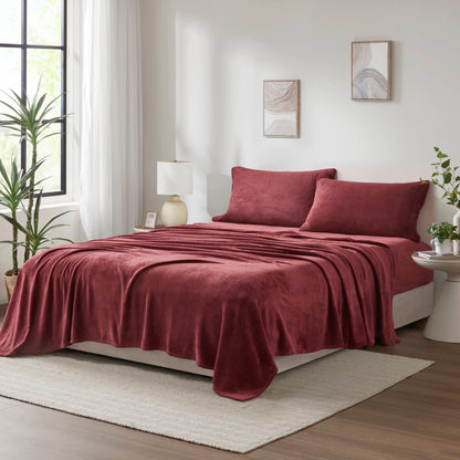 Ultra-Soft 100% Polyester Micro Plush 3-Piece Twin Sheet Set with Fitted and Flat Sheets for Bedroom Mattresses in Burgundy